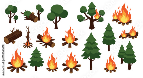Campfire and tree elements set for outdoor adventure and nature enthusiasts