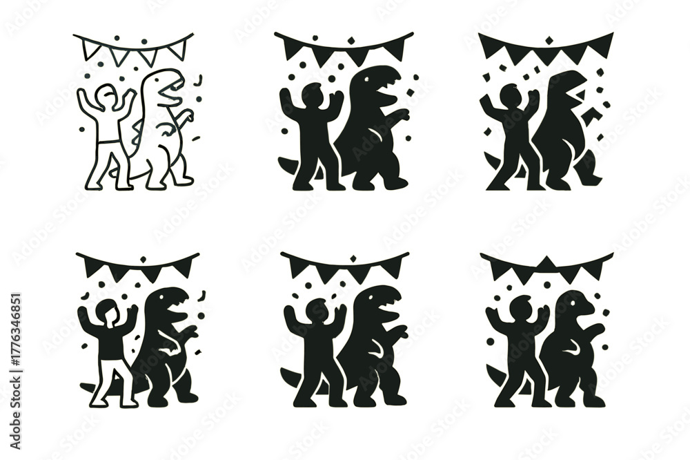 Obraz premium Costume Party Logos. people wearing funny costumes at a costume party. Set Logo of people wearing funny costumes at a costume party: Inflatable dinosaur suit.