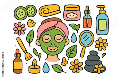 Colorful Spa Doodle. facial spa. Colorful Hand-drawn doodle Children illustration facial spa face mask, cucumber slices, headband, towel, cream jar, brush,