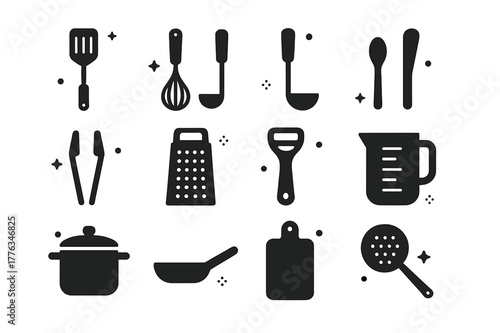 Cooking Utensils Icons. Cooking Utensils. Solid icons set of Cooking Utensils: spatula, whisk, ladle, wooden spoon, tongs, grater, peeler, measuring cup, pot,