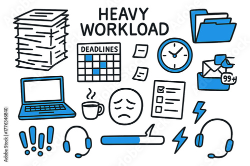High-Stress Workload Chaos. // Heavy workload. Hand-drawn doodle illustration Heavy workload [stacked papers (accented), laptop, deadlines calendar (accented),