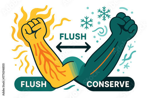 Vascular Dynamics Display. Vasodilation vs vasoconstriction. Two forearms show vessels blooming wide with heat and narrowing with cold; ?Flush - Conserve? tags