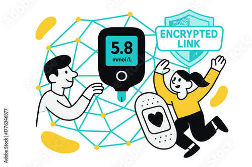 Medical IoT Cybersecurity. Cybersecurity for healthcare devices ? Medical IoT shield. Network lines form a digital web around a glucose monitor and heart