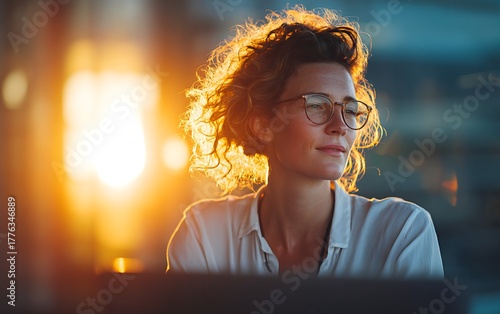 Businesswoman with glasses concentrating on her work while typing in a bright sunlit office space