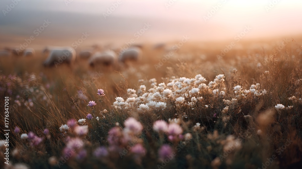Obraz premium A serene field of wildflowers bathed in golden morning light with sheep grazing in the distance