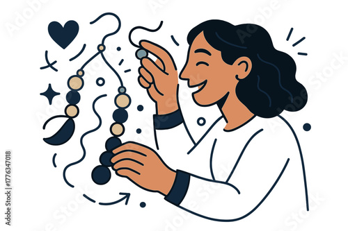 Dynamic Bead Arrangement. Handcrafted earrings. A designer arranging colorful beads into a pattern, strands gently twisting in mid-air. Joyful sense of