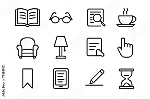 Reading Essentials Icons. Reading. Line icon set of Reading: open book, reading glasses, magnifying glass on text, tea cup, cozy armchair, bedside lamp, page
