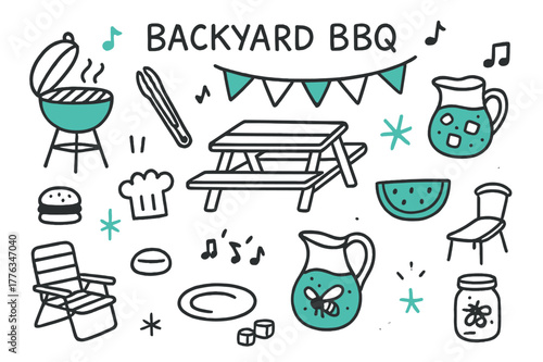 Colorful BBQ Doodle. // Backyard BBQ. Hand-drawn doodle illustration Backyard BBQ [grill (accented), tongs, picnic table, watermelon bowl (accented), lemonade