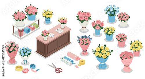 Colorful flower shop display with bouquets, arrangements, and supplies in isometric style