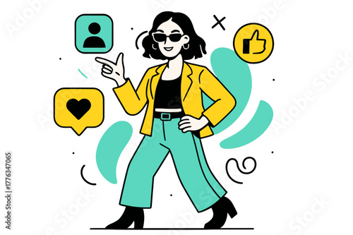 Chic Social Influence. Celebrity Influencer. Person posing in fashionable outfit with floating abstract geometric social media icons, confident and stylish