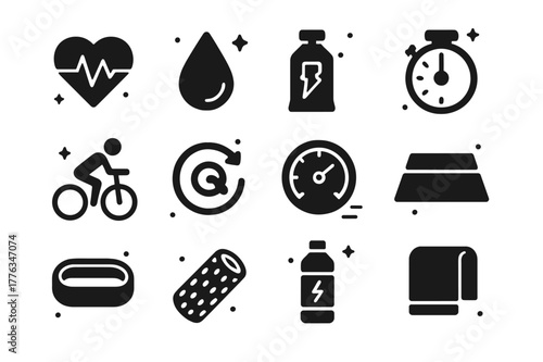 Beach Cycling Icons. Fitness cycling by the beach. Solid icons set of Fitness cycling by the beach: heart rate monitor, sweat drop, energy gel, interval timer,