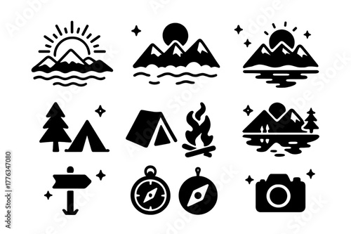 Mountain Sunrise Icons. Sunrise over mountains. Solid icons set of Sunrise over mountains: mountain range, sun disk, alpenglow, ridge line, valley fog, pine