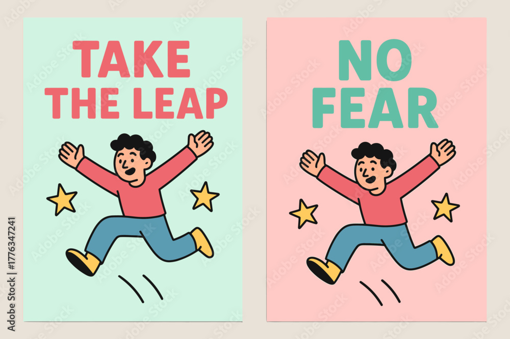 Naklejka premium Bold Cartoon Banners. Bold Moves. Two vertical A6 banners with safe margins, centered composition, no elements touching edges, cartoon, pastel mint and pink,