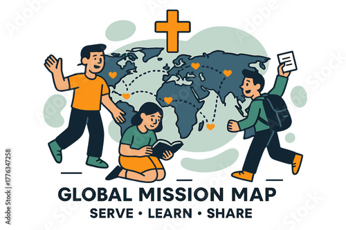 Global Mission Map. Global Mission Map. A gentle cross icon sits above a world map with dotted flight paths; small hearts mark partner communities. Text reads
