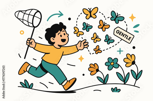 Chasing Hearts. Butterfly chase. A child reaches with a soft net as butterflies form a dotted heart; ?Gentle? hangs on a tiny tag. Flowers bow like cheering