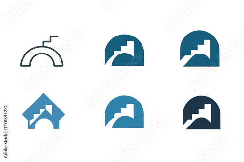 Social Mobility Logos. Social mobility. Set Logo of Social mobility: ascending steps across bridge. harmonious logo variations of the same emblematic concept,
