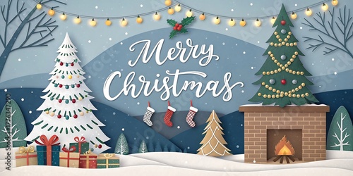 Whimsical winter wonderland christmas scene with decorated trees gifts and a cozy fireplace under twinkling lights