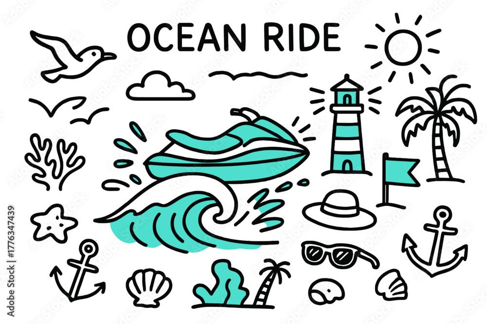 Naklejka premium Ocean Adventure Doodle. // Ocean ride. Hand-drawn doodle illustration Ocean ride [jet ski (accented), rolling wave (accented), seagull, lighthouse (accented),