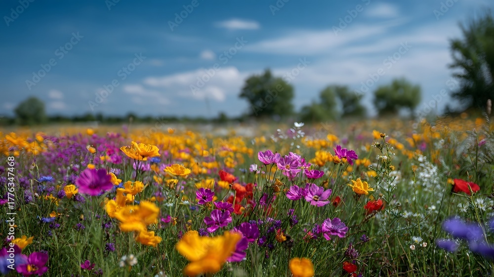 Obraz premium A vibrant meadow bursting with colorful wildflowers under a clear blue sky