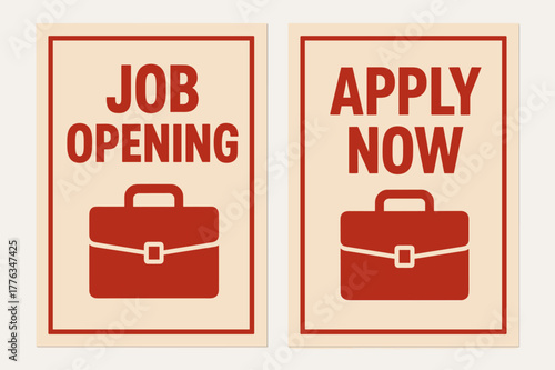 Job Recruitment Banners. Recruitment. Two vertical A6 banners with safe margins, centered composition, no elements touching edges, bold, red and beige,