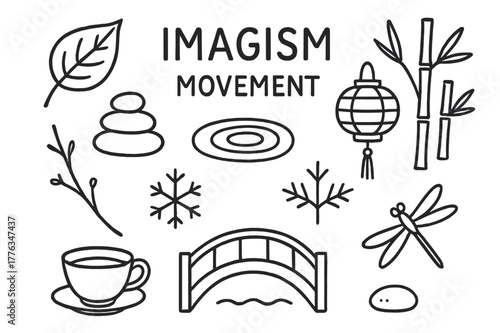 Imagism Doodle Elements. Imagism movement. Hand-drawn doodle illustration Imagism movement short poem card, leaf, pebble, water ripple, lantern, bamboo,