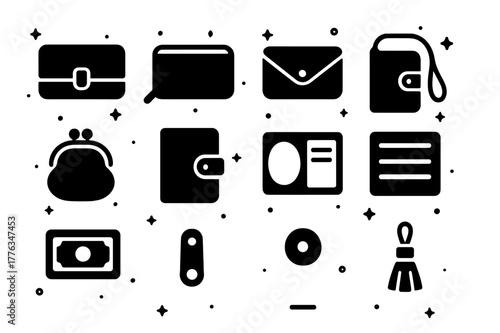 Women's Wallet Icons. Women?s wallets. Solid icons set of women?s wallets: continental wallet, zip-around wallet, clutch wallet, wristlet wallet, coin purse,