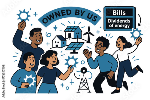 Community Energy Co-op Unity. Community energy co-ops. Neighbors hold shares shaped like tiny suns; ?Owned by us? banner arcs over a microgrid. A scoreboard