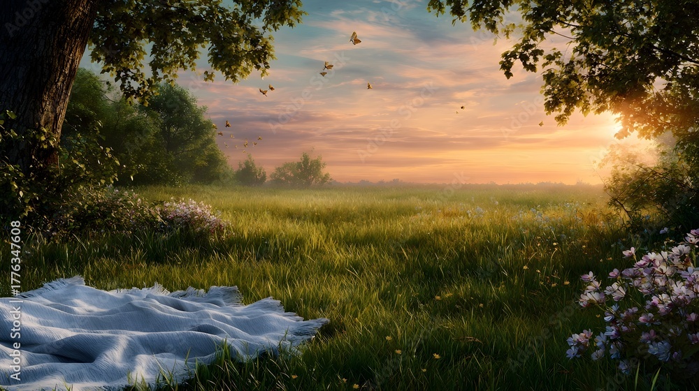 Obraz premium A serene meadow bathed in the warm glow of sunset with a picnic blanket laid out and butterflies fluttering