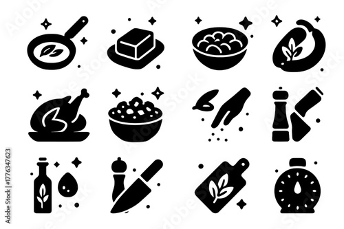 Culinary Sage Icons. Culinary uses of sage. Solid icons set of Culinary uses of sage: frying pan, butter pat, gnocchi bowl, roasted chicken, stuffing bowl,