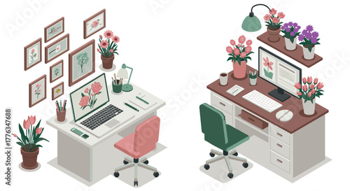 Cozy isometric home office workspace with plants and art decor