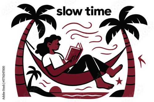 Hammock Reading Bliss. Beach Vacation ? Hammock Reading. A person sways between palms; pages flutter gently while breeze lines curl across the scene. Caption