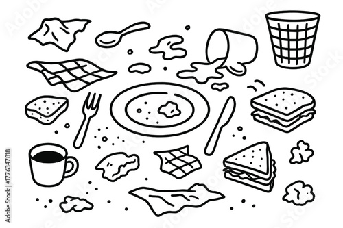 Cluttered Table Doodles. Table Mess. Hand-drawn doodle illustration Table Mess crumpled napkin, spilled drink, crumbs, plate, fork, knife, coffee cup, bread,
