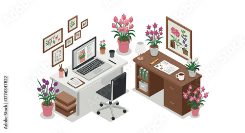 Cozy home office with floral decor in isometric style