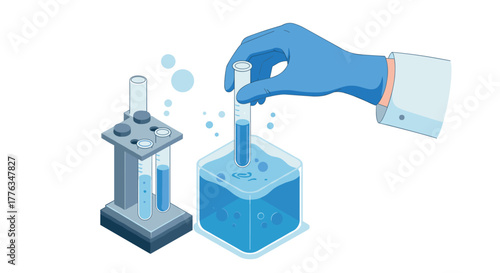 Hand in glove conducting scientific experiment with test tubes and liquid in lab setting