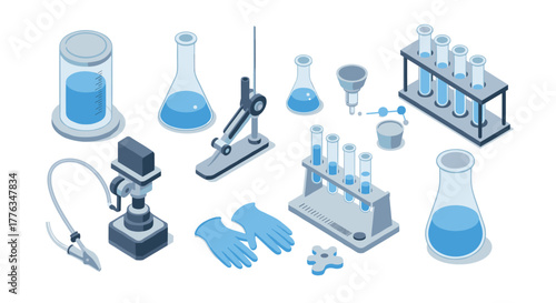 Isometric laboratory equipment with blue liquid in glassware on white background