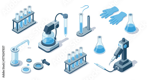 Isometric laboratory equipment set with test tubes, microscope, and gloves for scientific research