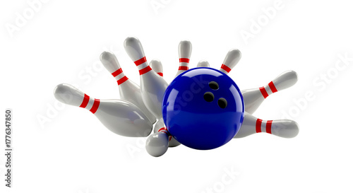 Bowling ball hitting pins isolated on transparent background