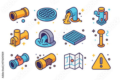 Colorful Sewage Icons. Sewage. Colorful isometric vector icons set of Sewage: sewer pipe, manhole cover, wastewater flow, lift station pump, combined sewer,