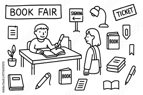 Book Fair Illustration. Book fair signing. Hand-drawn doodle illustration booth, author, books, table, pen, sign, reader, bag, bookmark, banner, ticket, lamp,