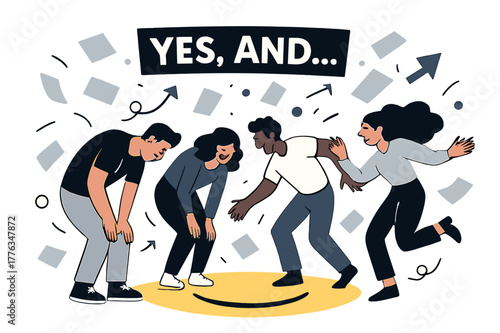 Playful Improv Circle. Improv circle. Performers double over mid-sketch while cue cards rain like confetti; a spotlight draws a smile shape on the floor. ?Yes,
