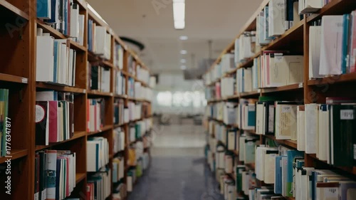 Empty walkway or corridor between rows of tall stacks and bookshelves in a library. Architecture, Reading and learning environment concept