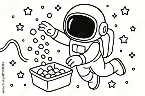 Space Pebble Adventure. Zero-gravity excavation children?s coloring book illustration, outlined drawing, tethered astronaut guiding floating pebbles into a