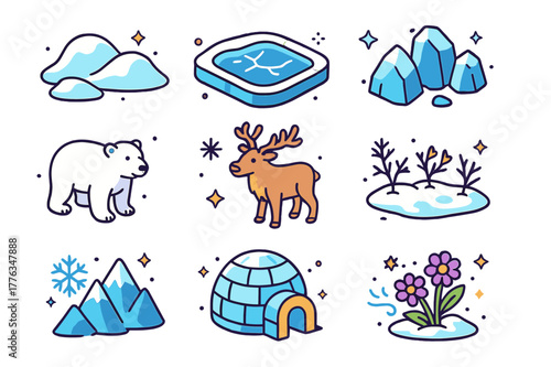 Icy Plains Icons. Icy plains. Colorful isometric vector icons set of icy plains: snow-covered hills, frozen lake, icy rocks, polar bear, reindeer, sparse