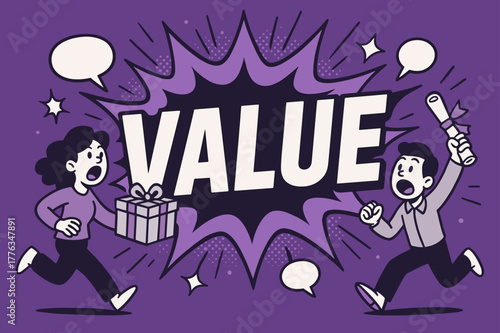 Exciting Value Explosion. VALUE banner, splash explosion, bold oversized text inside banner, cartoon characters shouting and running, holding gift box and