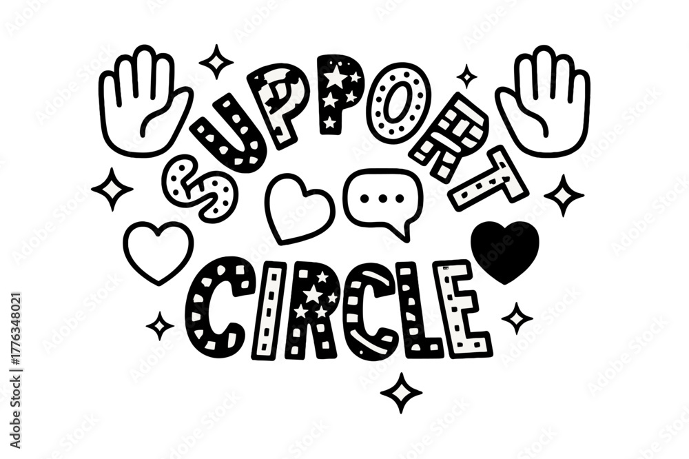 Fototapeta premium Decorative Support Circle. Support Circle ? playful decorative display lettering; patterned letters (dots/stripes/stars), arched word-shape; framed with small