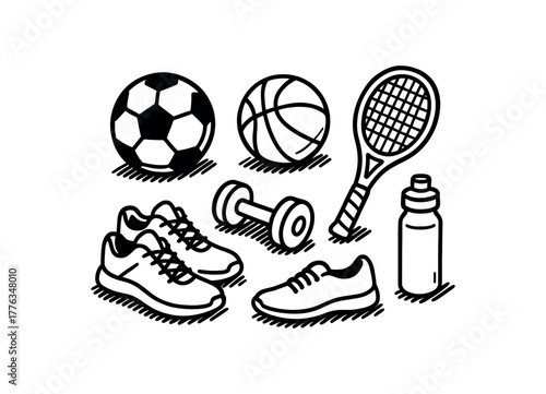 minimal black and white doodle illustration of sports equipment set including soccer ball basketball tennis racket dumbbell water bottle and sneakers bold black outline simple details
