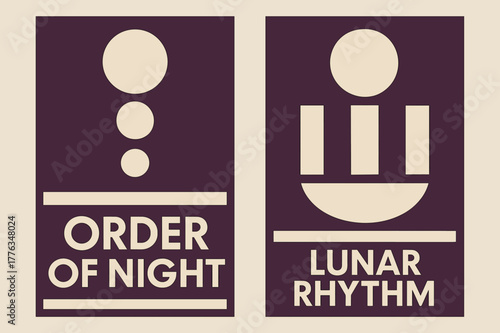 Bauhaus Night Banners. Night Architecture. Two vertical A6 banners with safe margins, centered composition, no elements touching edges, bauhaus, plum and