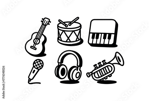 minimal black and white doodle illustration of music instruments set including guitar drum piano microphone headphones and trumpet bold black outline simple details strong shadow effect