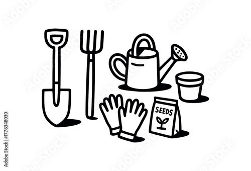minimal black and white doodle illustration of gardening tools set including shovel rake watering can plant pot gloves and seeds packet bold black outline simple details strong shadow