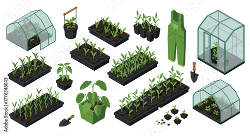 Isometric gardening elements greenhouses, seedlings, and tools for urban farming